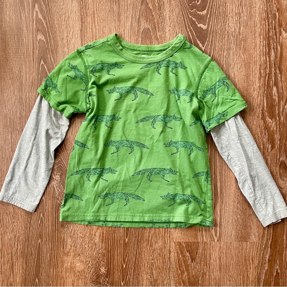Tea Collection Green Fox Print Layered Look Long Sleeve Tee 8 Cotton